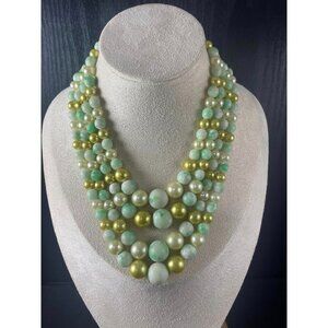 Vintage MCM 4 strands Beaded Necklace Multi-Strand Green Gold & Pearl-Like Beads